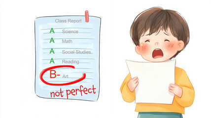 A distressed child holds a report card showing a grade of B-, feeling disappointed about not achieving perfection.