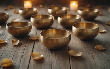 An overhead view of brass singing bowls arranged in a circular pattern on a rustic wooden surface, accompanied by scattered fresh flower petals. 