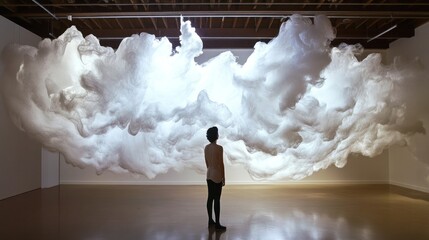 Woman Contemplates a Massive Cloud Installation