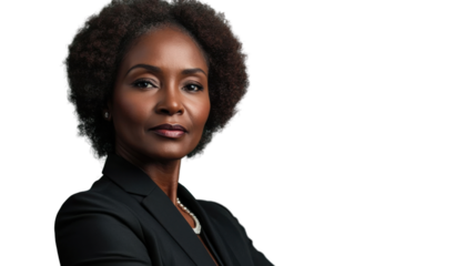 Confident black businesswoman posing with folded arms on transparent background