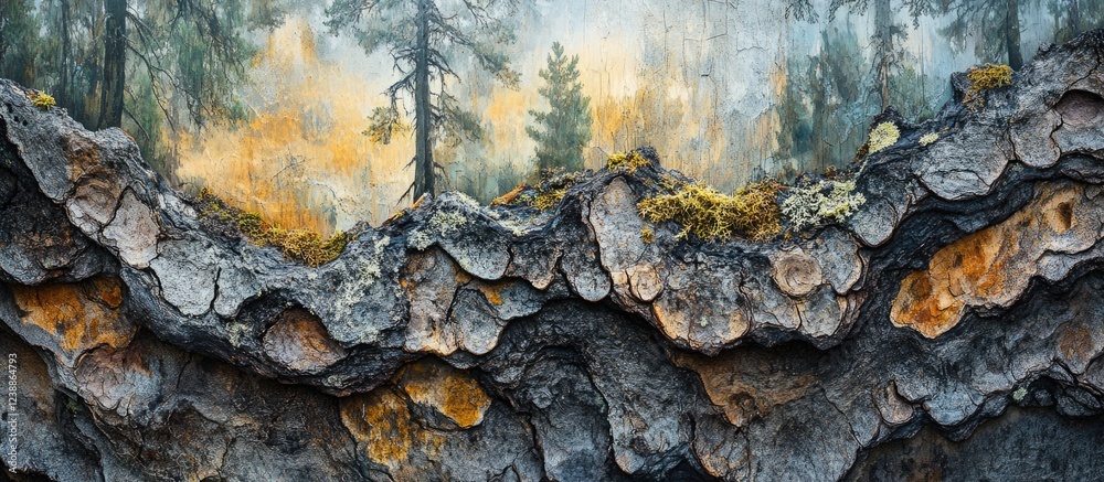 Poster abstract texture of bark with lichen and forest background in soft focus natural colors suitable for