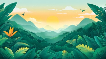 Lush Tropical Jungle Landscape at Sunset