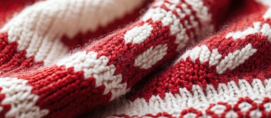 Knitted texture of a red and white patterned fabric showcasing intricate details and warm fibers suitable for textiles background Copy Space