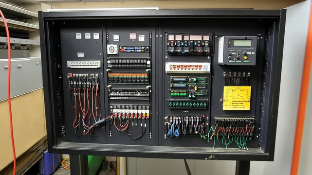 Control panel with numerous circuit connections and display in industrial setting