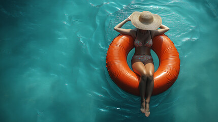 Woman enjoying a relaxing moment floating in an inflatable ring at the pool