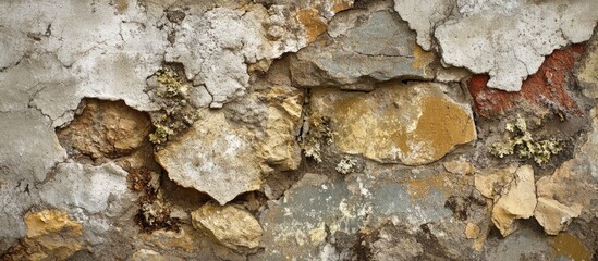 Textured stone wall with peeling plaster and moss growth in earthy tones Copy Space