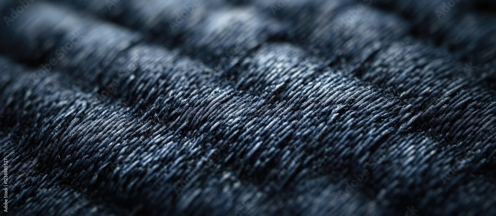 Poster close-up of textured dark denim fabric displaying woven patterns and intricate threads ideal for bac