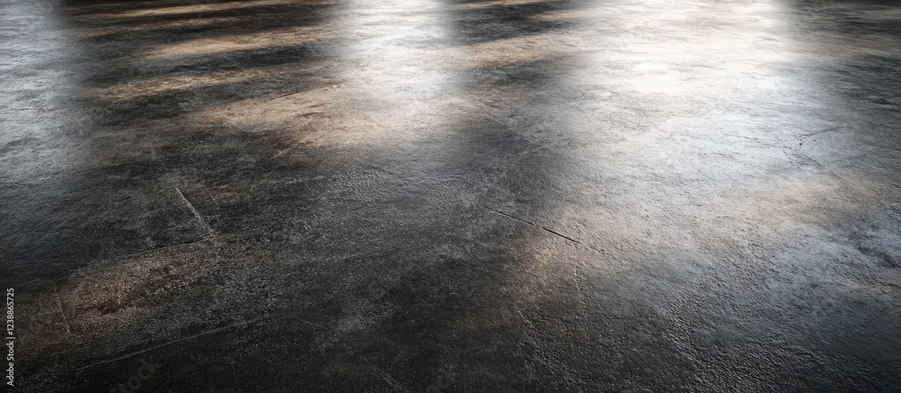 Poster textured dark concrete floor with reflections and light patterns suitable for background use and mod