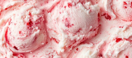 Strawberry ice cream with creamy texture and chunks of strawberry in a swirled pattern on a light background with Copy Space