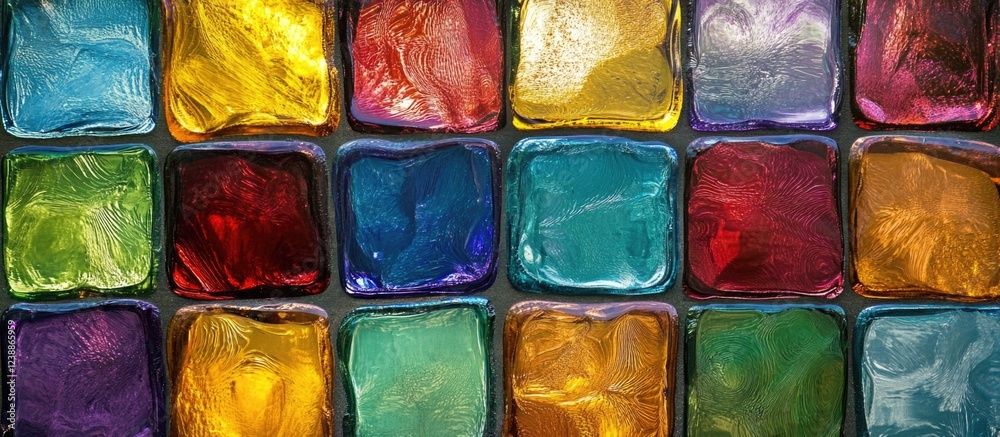 Poster colorful glass tiles arranged in a grid pattern with varying hues and textures creating a vibrant ba
