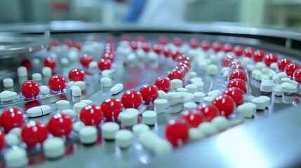 Fototapeta premium Red and White Pills on a Conveyor Belt in a Pharmaceutical Factory