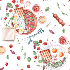Seamless pattern with country and English breakfast on white background. Watercolor illustration on breakfast theme for restaurant menu and interior design, gastronomic festivals design.