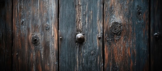 Fototapeta premium Textured close-up of weathered wooden planks with metal knob on dark rustic door background with detailed grain patterns Copy Space
