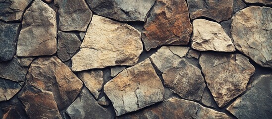 Obraz premium Textured stone wall background composed of various sizes and shapes of gray and brown rocks with natural patterns and earthy tones Copy Space