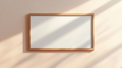 A broad, empty wall adorned with a white mockup in a beige wooden frame.
