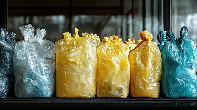 Colorful garbage bags lined up in a storage area, showcasing waste management practices and urban life