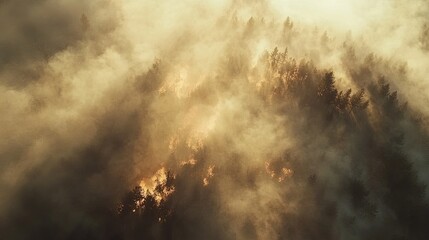 Aerial view of a forest fire consuming dry treetops, thick plumes of smoke. pic