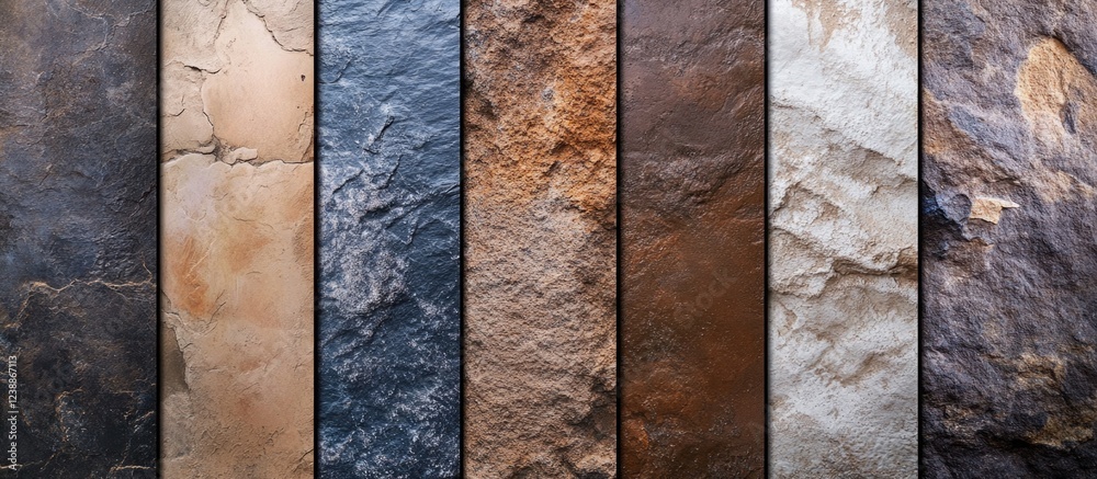 Poster textured stone wall panels in various colors arranged in vertical alignment with copy space for desi