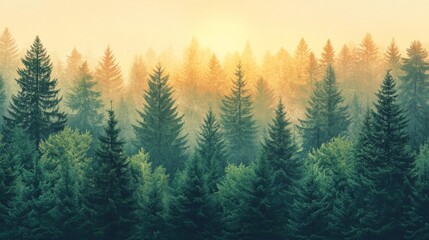 Misty Sunrise Over a Lush Evergreen Forest