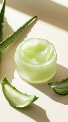 Aloe vera gel mask presented with fresh aloe slices on a neutral background. pic