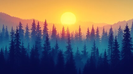 Vibrant Sunset Over a Misty Forest Landscape