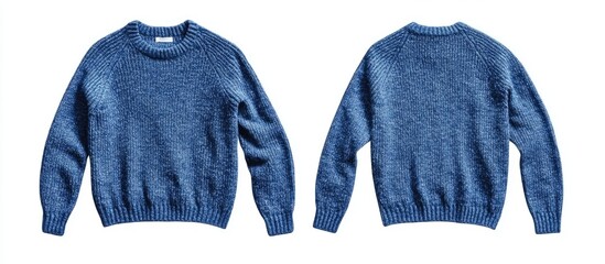 Blue knitted sweater front and back view displayed on a white background with ample Copy Space for text insertion