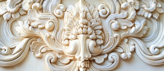 Ornate decorative architectural relief with floral and scroll motifs on stone wall surface, intricate detailing with beige tones, Copy Space