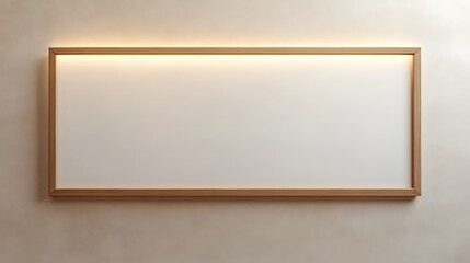 A large, open wall with a white mockup within a beige wooden frame.
