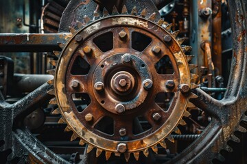 Closeup of a large rusty cogwheel which is part of an industrial machine