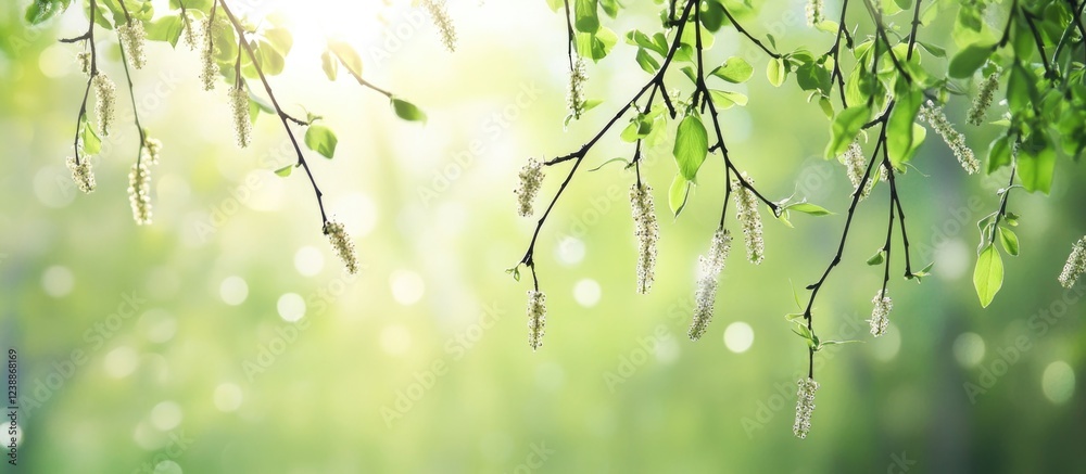 Poster fresh green foliage with soft glowing background and visible bokeh effect suitable for spring or sum