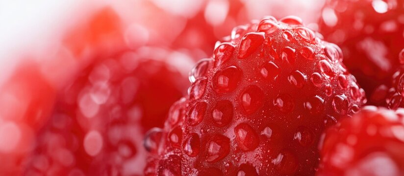 Close-up of fresh ripe strawberries with water droplets on glossy red surface Copy Space