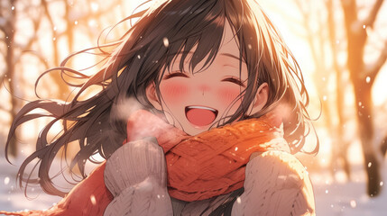 Joyful Anime Girl in Winter Wonderland