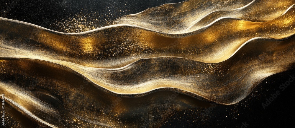 Poster abstract gold wave pattern on a dark background with flowing lines and glittering effects suitable f