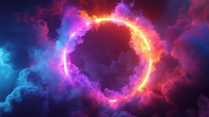 Obraz premium abstract digital art featuring luminous neon smoke rings expanding from central void, electric colors, dramatic lighting effects