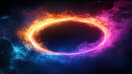 Obraz premium abstract digital art featuring luminous neon smoke rings expanding from central void, electric colors, dramatic lighting effects