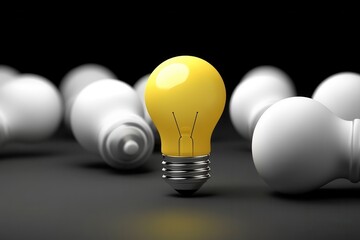 Bright Yellow Light Bulb Surrounded by White Bulbs on Black Background