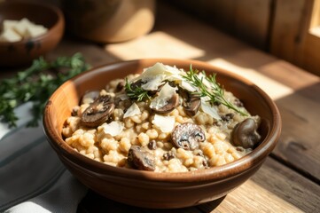 Creamy Mushroom Barley Risotto in Rustic Bowl