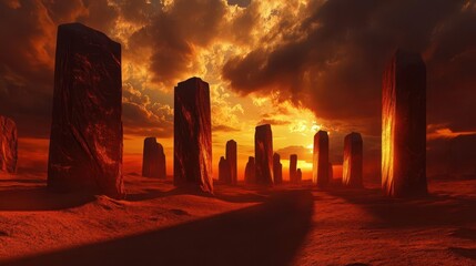 ancient desert monoliths at sunset, towering red-orange rock pillars casting long shadows, dramatic storm clouds, golden hour lighting, epic scale