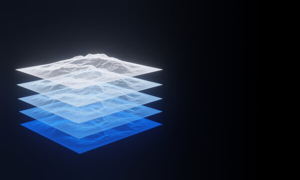 3D topographic mountain grid wireframe. Holographic terrain map