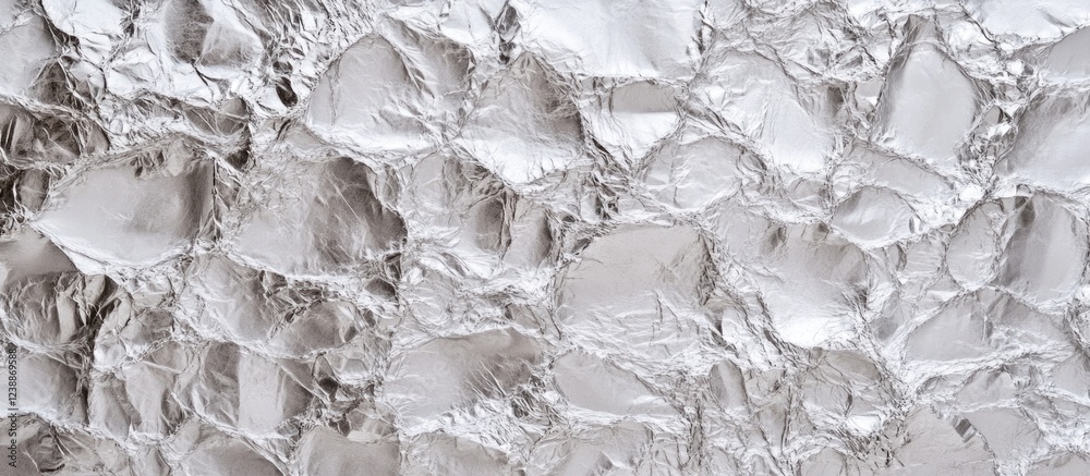 Poster textured silver foil background with crumpled and irregular surface patterns suitable for various de