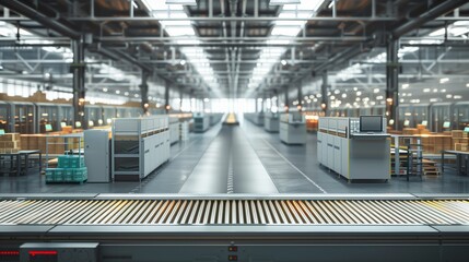 industrial warehouse with high-tech factory equipment and conveyor belts in motion for e-commerce