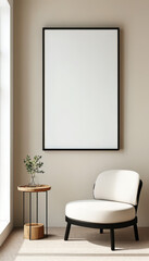 Blank picture frame mockup, Minimalist thin black frame around a white canvas, placed against a soft beige wall, with a small wooden side table nearby, wall art presentation template, Picture frame