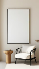 Blank picture frame mockup, Minimalist thin black frame around a white canvas, placed against a soft beige wall, with a small wooden side table nearby, wall art presentation template, Picture frame