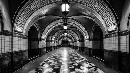 Obraz premium art deco subway station with sweeping arched ceilings, geometric tile patterns, and vintage lighting fixtures casting dramatic shadows, black and white