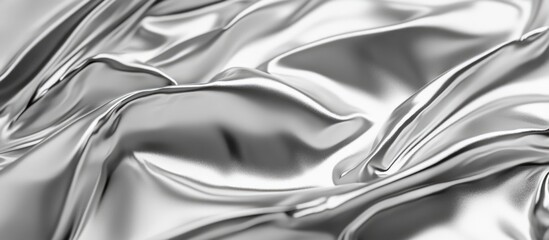 Shiny crumpled silver fabric texture with smooth waves and intricate folds suitable for backgrounds and product displays Copy Space