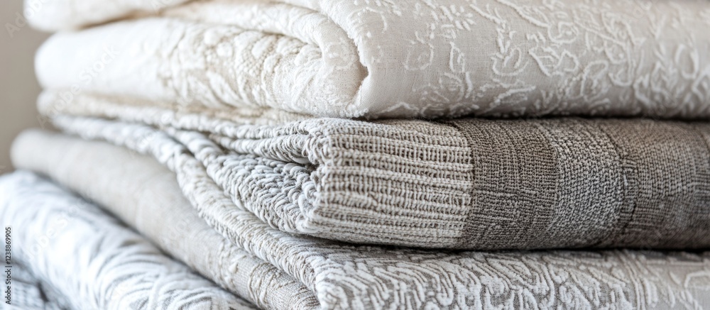 Poster stack of folded blankets in neutral colors including cream and gray textures with intricate patterns