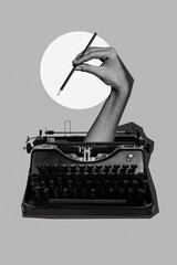 Template collage of weird alive hand hold pencil write fiction storytelling book use vintage...