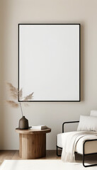 Blank picture frame mockup, Minimalist thin black frame around a white canvas, placed against a soft beige wall, with a small wooden side table nearby, wall art presentation template, Picture frame