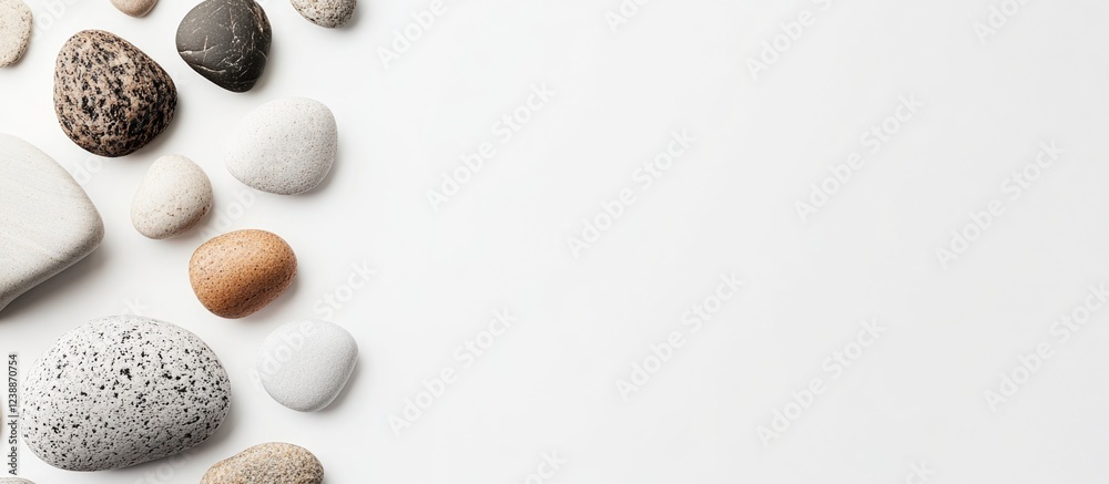 Poster mixed smooth pebbles and stones arranged on a light background with ample copy space for text placem