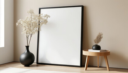 Blank picture frame mockup, Minimalist thin black frame around a white canvas, placed against a soft beige wall, with a small wooden side table nearby, wall art presentation template, Picture frame
